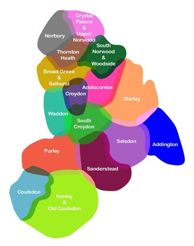 A map of the 16 areas of Croydon (list follows)