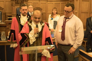 New Civic Mayor at Mayor Making ceremony, with Deputy Civic Mayor in background. Also pictured, Executive Mayor Jason Perry, Councillor Lynne Hale, and a council officer