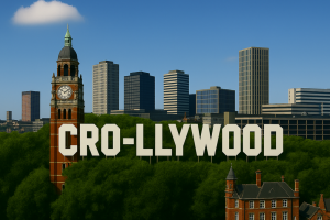 AI-generated image showing a mock-up of the Hollywood sign which says 'CRO-llywood' in front of the Croydon skyline