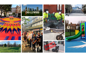 Montage of images including Croydon Compass street art, CROllywood sign, Pothole Patrol fixing a pothole, East Croydon footbridge, a new slide in a playground, A park, fly-tipped rubbish with 'caught and fined' text overlay, and a group photo of Mayor Perry and Croydon College students in College Square